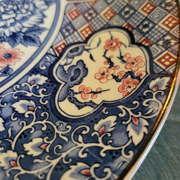 Vintage Japanese Imari Blue Pink & White Chrysanthemums Charger Fine Porcelain - Picture 5 of 12